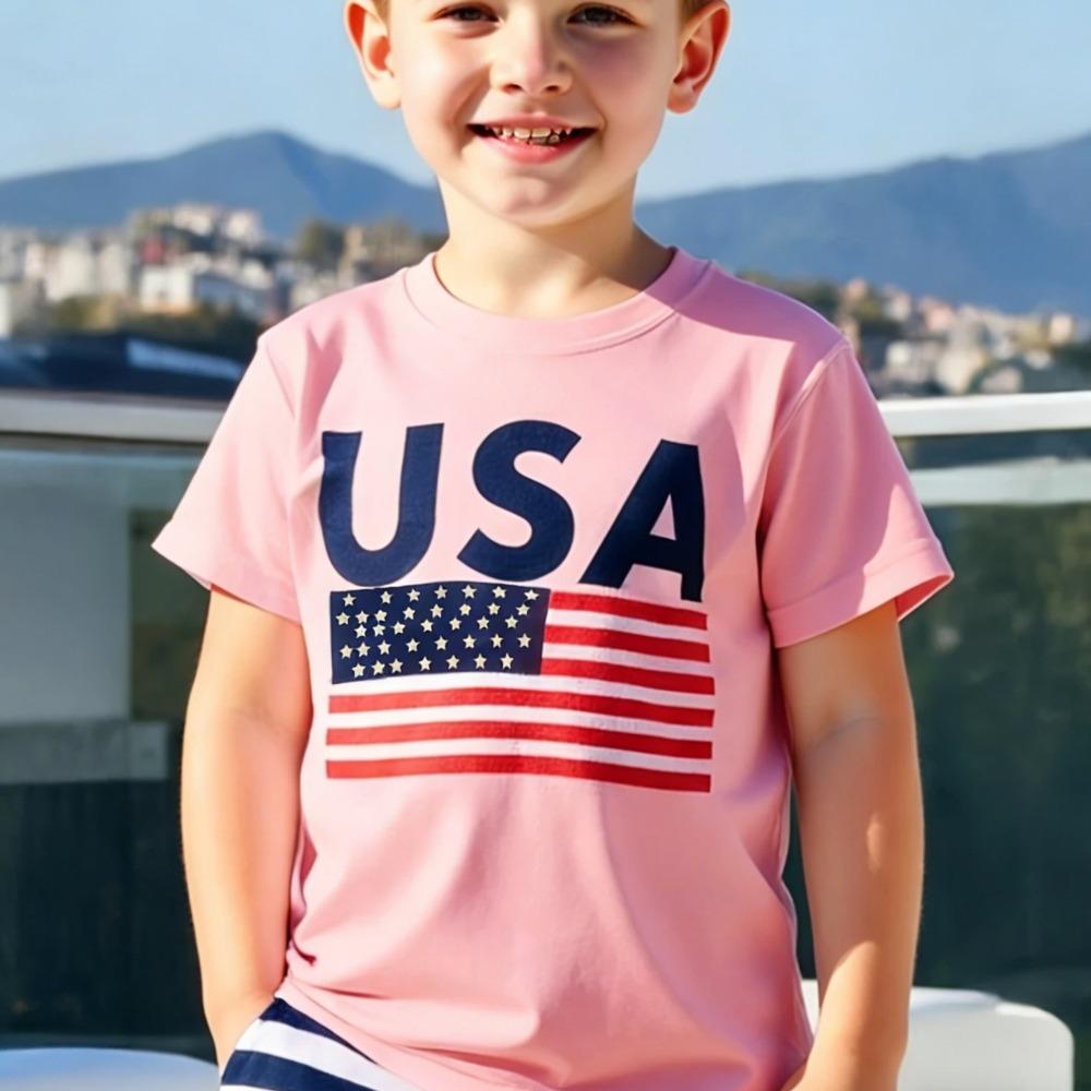 USA American Flag Graphic Printed Children T-shirt Independence Day Shirt Contracted Design Daily Life Casual Boys Girls Tshirt
