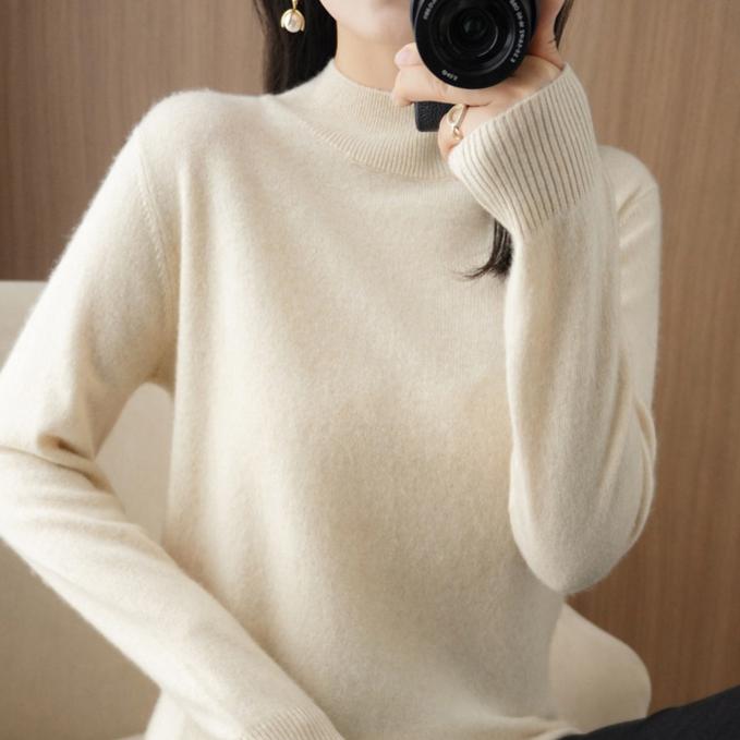 Autumn Winter Sweater Women's Korean Slim Pullover Sweater Half High Neck Knitted Sweater Short Style Solid Color Base Sweater Casual Sweater