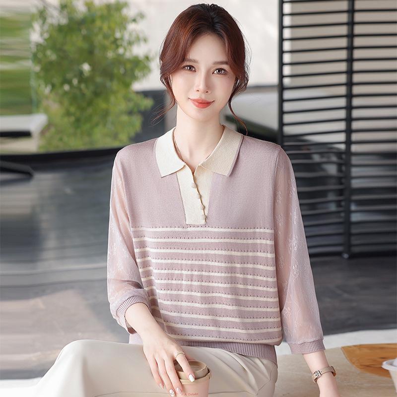 

Spring/Summer Striped Knit Lapel Top for Middle-Aged & Elderly Women, Three-Quarter Sleeve Stylish Tee 2XL (recommended for 110-120 jin) светло-фиолетовый