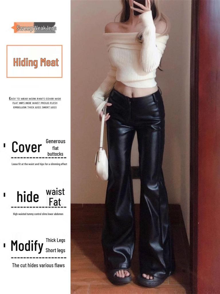 Women's Plus Size High Waist Black PU Leather Flared Pants - Pear-Shaped, Wide Leg, Floor-Length, Autumn Collection