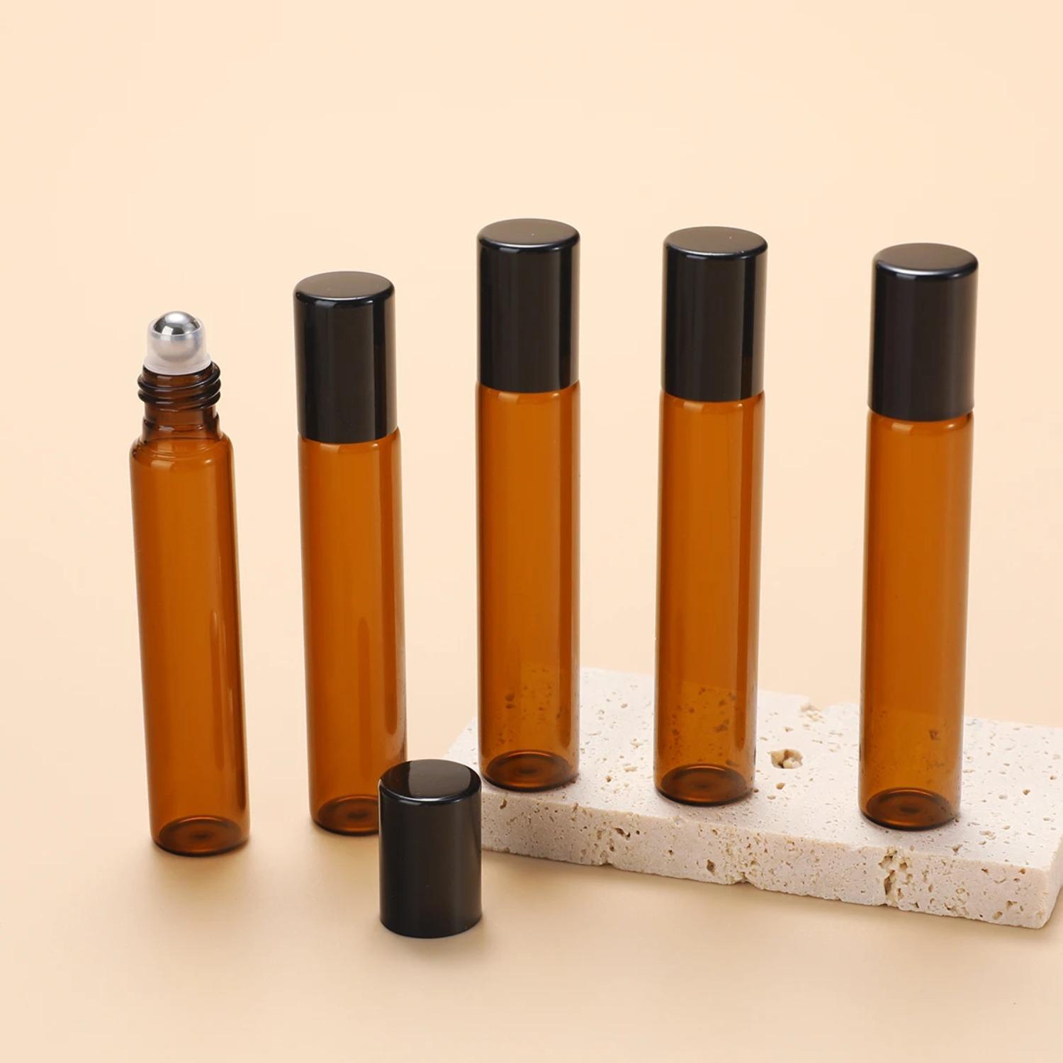 

5 многоразовых стеклянных бутылок для эфирного масла, янтарная стеклянная бутылка, флакон для духов в форме шарика, шарик из нержавеющей стали, полый дорожный рулон 10ml
