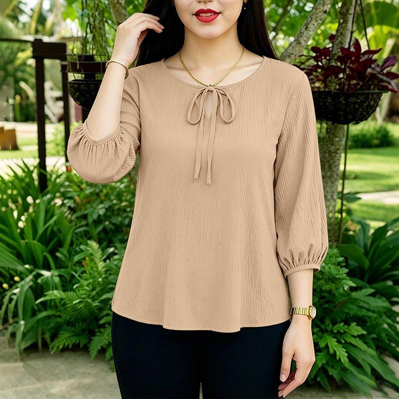 ZANZEA Blusa informal holgada de color liso con cuello redondo y mangas 3/4 para mujer