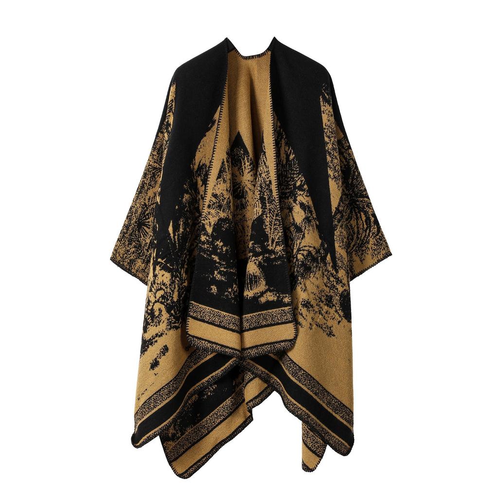 Women's Double-Sided Tassel Shawl Cloak - Classic Slit Design, Warm Travel Cape