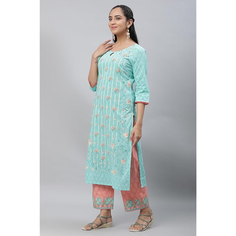 Aurelia Blue Floral Printed Printed Cotton Straight Long Kurta with Lace M