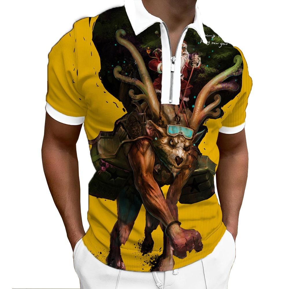 Halloween Print Short Sleeve Zip Polo, Trendy Casual Top