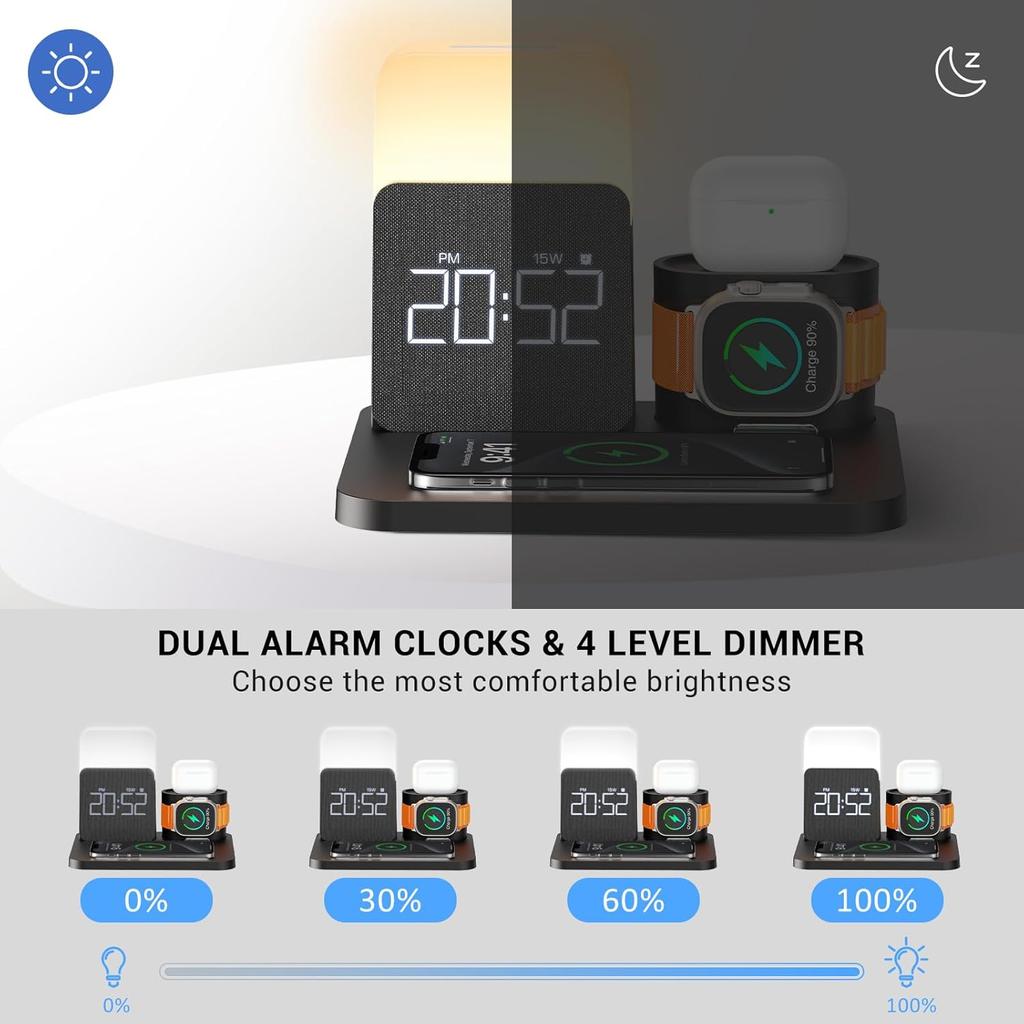 3 In 1 Charging Station for iPhone, Alarm Clock, Night Light, Wireless Charger for iPhone 15 14 13 12 11 X Pro Max & Apple Watch - Charging Stand