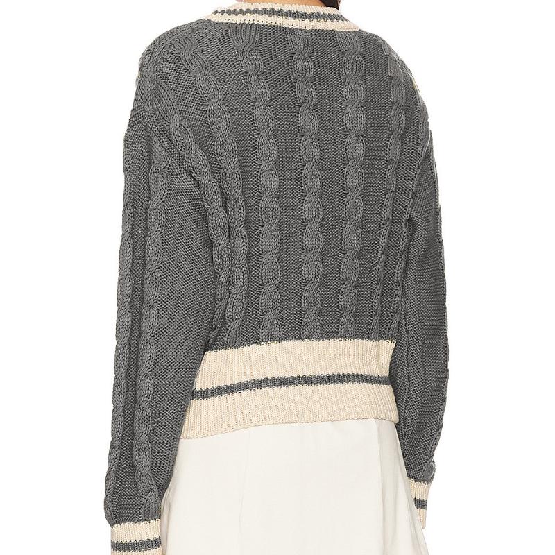 GMXIA Women's V-neck Colour Blocking Twist Knitted Cardigan Autumn and Winter Loose Fashion Jumper Jacket