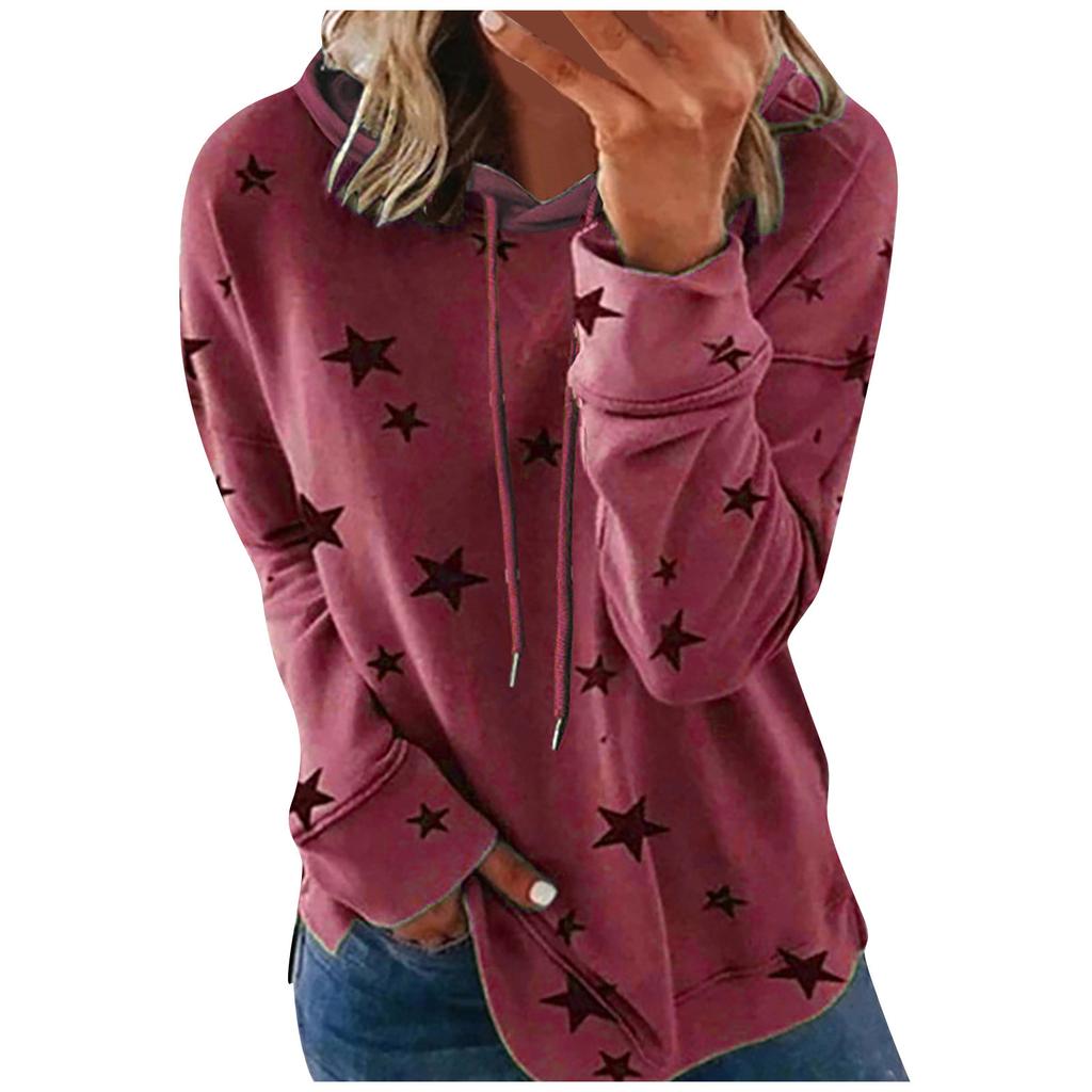 Women Fashion Hooded Star Print Patchwork Long Sleeves Tops Blouse Sweatshirt