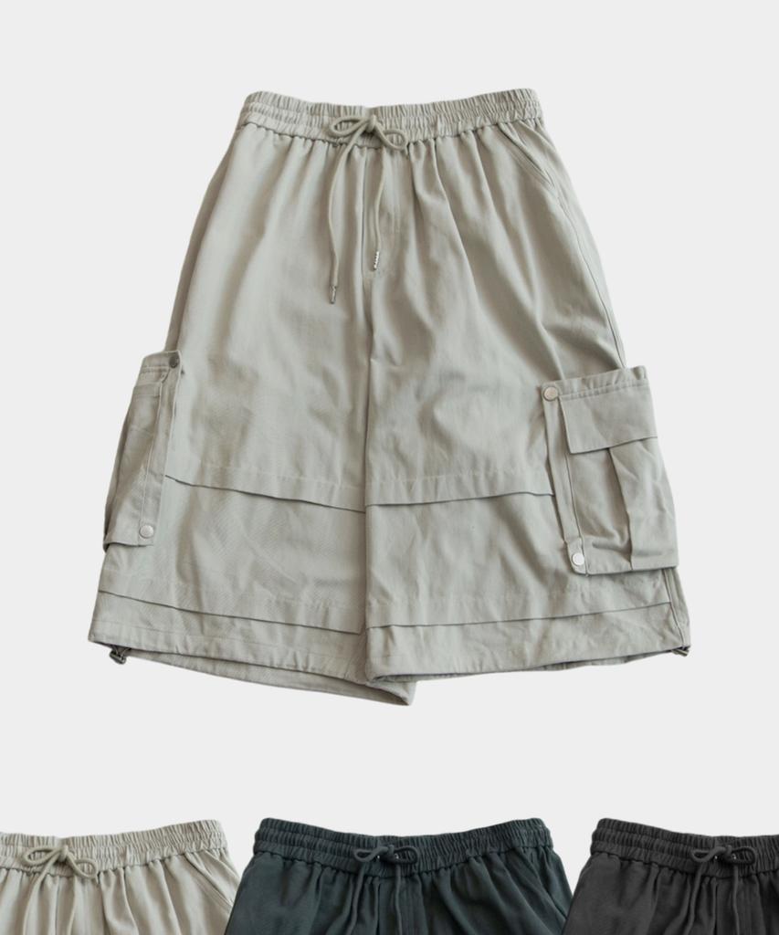 SOMEPLACE MAN Bermuda Doppel-Großtaschen Nieten-Akzente Oversize Halbe Cargohose Elastische Hosen_3 Farben