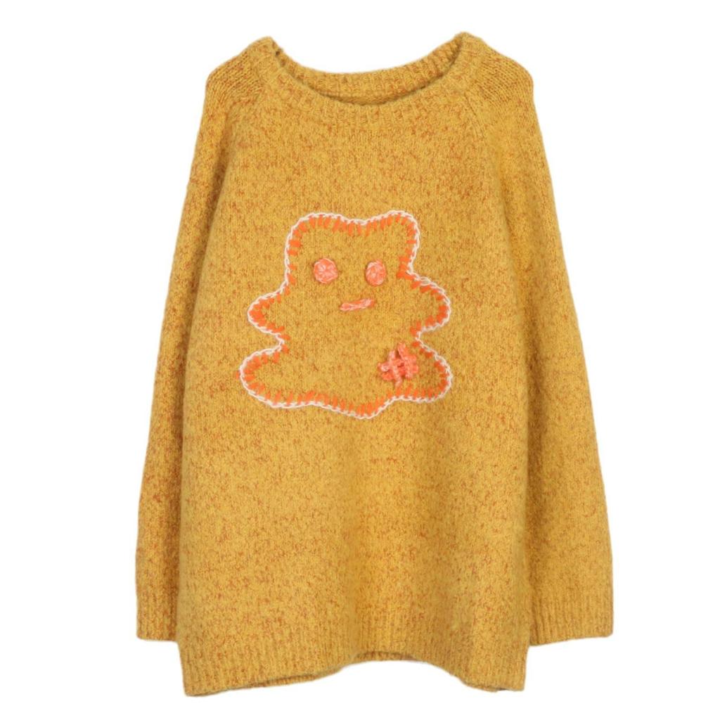 Color Block Cartoon Embroidered Knit Sweater - Women's Autumn/Winter Crew Neck Pullover with Long Sleeves