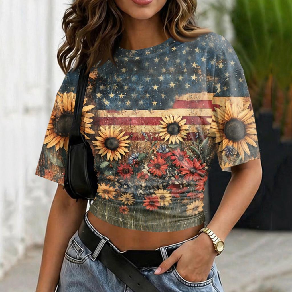 Women Crew Neck Pullover Short Sleeve T Shirt Loose Fit Casual Printed Tee Top