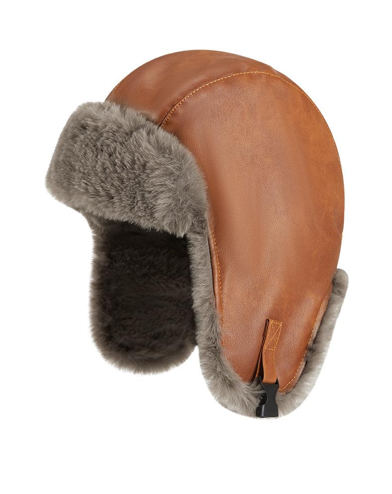 

New leather child fleece thickened warm and cold ear protection hat ski riding hat Adjustable темно-рудий