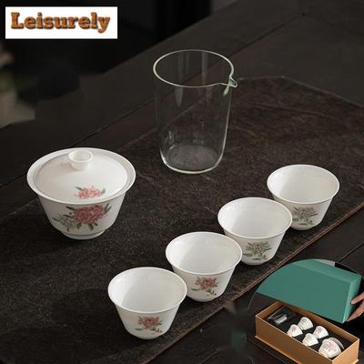 Dehua Weißporzellan Pfirsich Teeservice Komplettes Set Vintage Teezeremonie Set Teekanne und Teetassenset Cafés Zubehör Ornamente