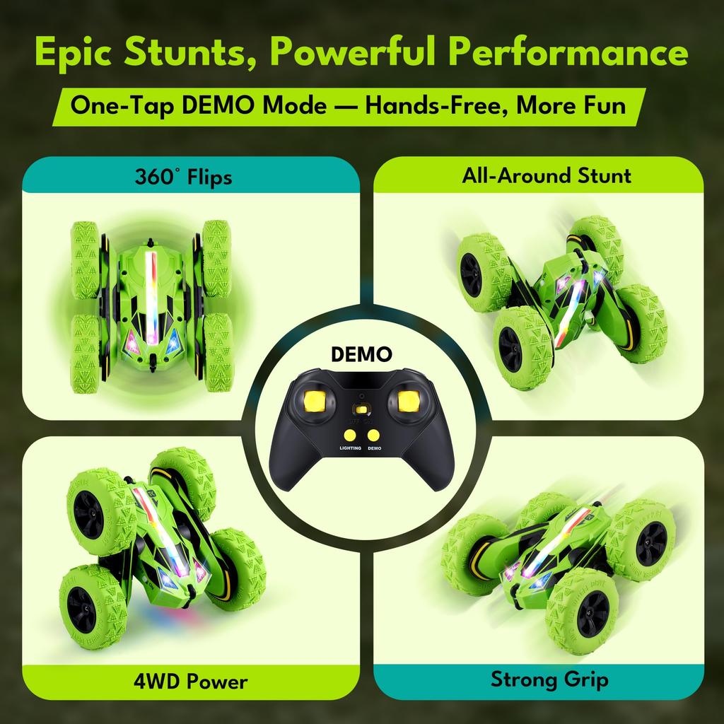 Threeking Remote Control 4WD Stunt Remote Control No Tools Boys and Birthday Indoor and Outdoor Suitable for Children Ages 6 and Green Car, Kids' Toy,