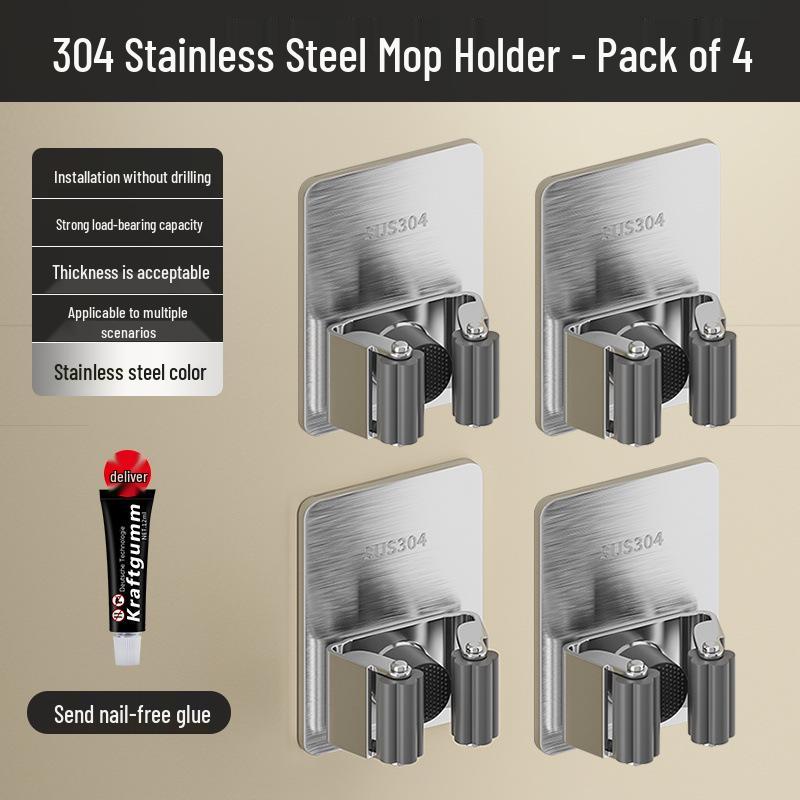 Stainless Steel No-Punch Wall Mount Mop & Broom Holder Clip