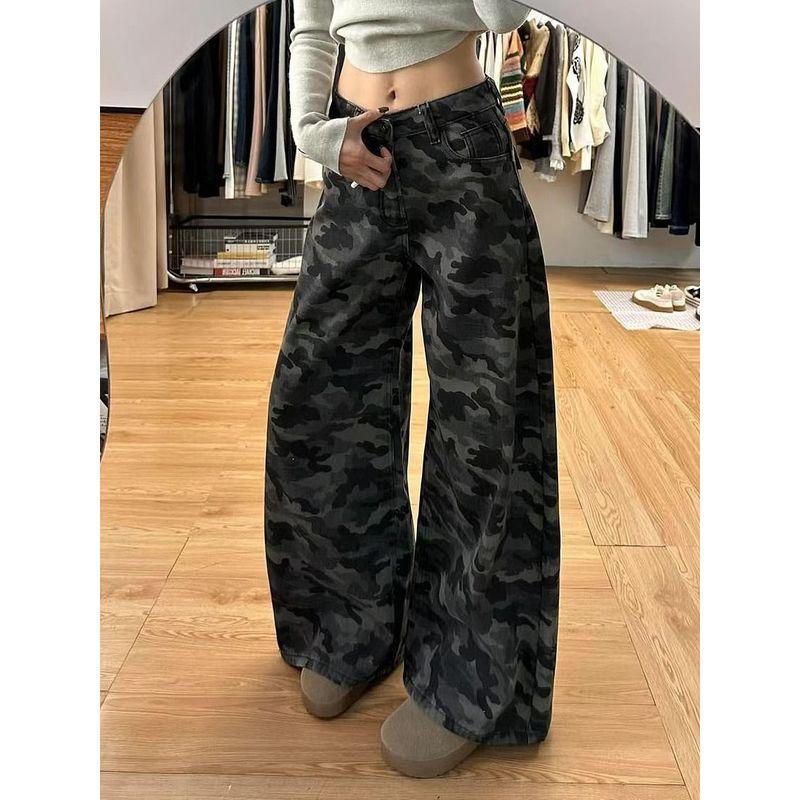145 Small American Vintage Camouflage Jeans Women 2025 New High Waist Straight Wide Leg Pants Cargo Pants