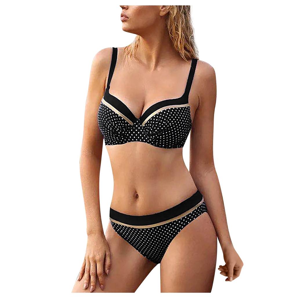 Women Two Piece Bikini Swimsuit Polka Dot Print Backless Design Hard Cup Top and Bottom Set Beachwear Swimwear for Summer