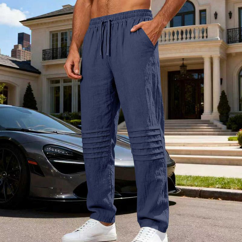Autumn New Loose Linen Casual Trendy Pleated Simple Home Men's Breathable Straight Trousers