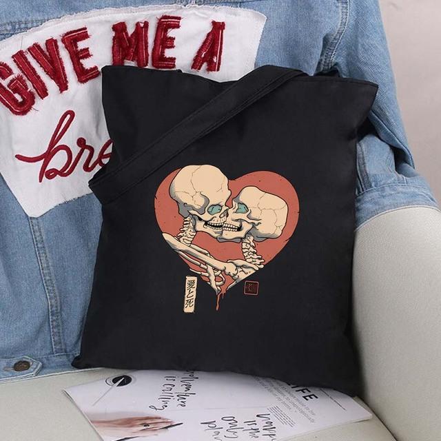 Women Shopping Bags Cute Cartoons Pattern Series Eco Shopper Shoulder Bag Fashion Black Printing Folding Handbag Canvas Tote Bag