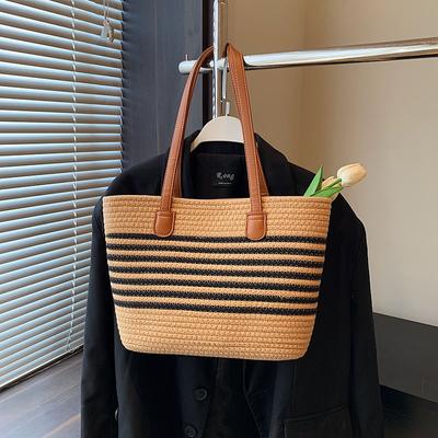 Moda feminina listrada verão praia palha tricô bolsa de ombro oco bolsas tecidas à mão portátil grande capacidade casual bolsa