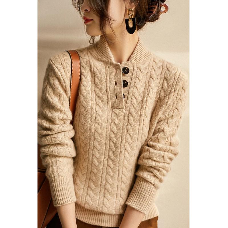 Pull en tricot, Col montant, Revers semi-ouvert, Texture torsadée, Cachemire pur, Baseball, Élégant
