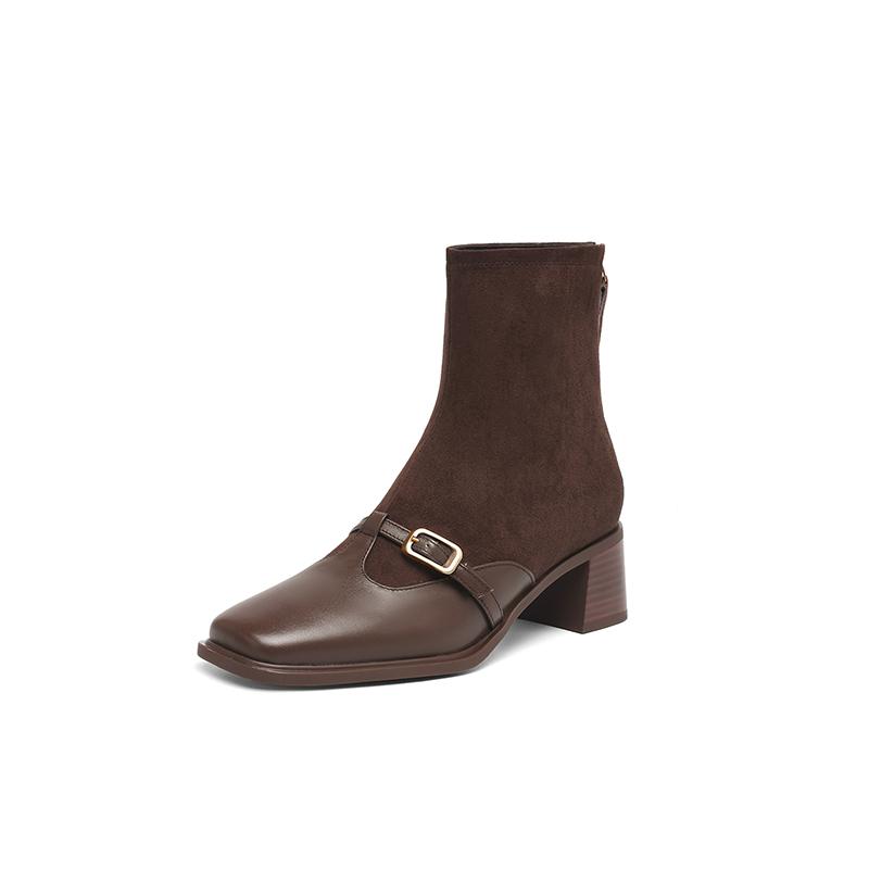Fashion 2025 NEW Autumn Women Boots genuine leather Women Shoes Square Toe Chunky Heel Slip-on Belt Buckle Western Boots Daily Shoes