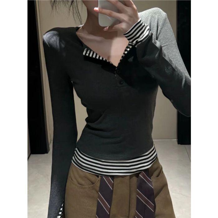 Striped Color Block Patchwork Two-Piece Long Sleeve Women’s Slim Fit Button-Up Top Small серый