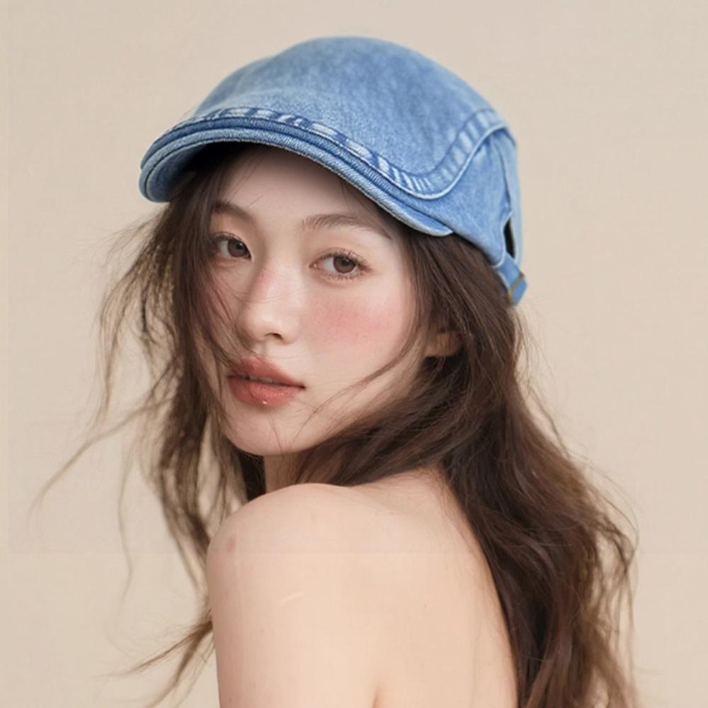 Retro Denim Newsboy Cap Adjustable Forward Flat Hat, Casual Versatile Face Slimming Artist Beret Hat for Men Women