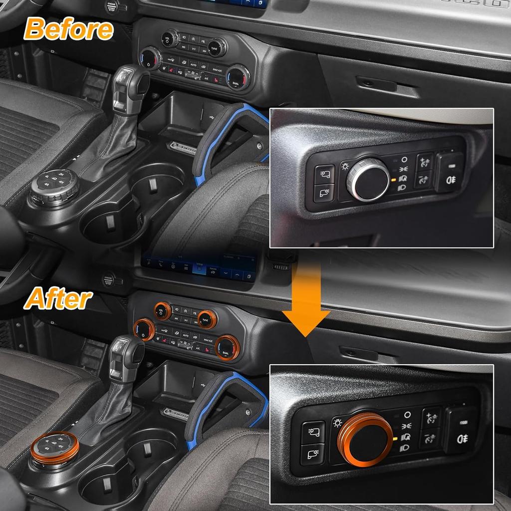 6pcs for Ford Bronco Accessories 2021 2022 2023 2024 Car Auto Interior Center Console Knobs Decoration Cover Trims -Orange