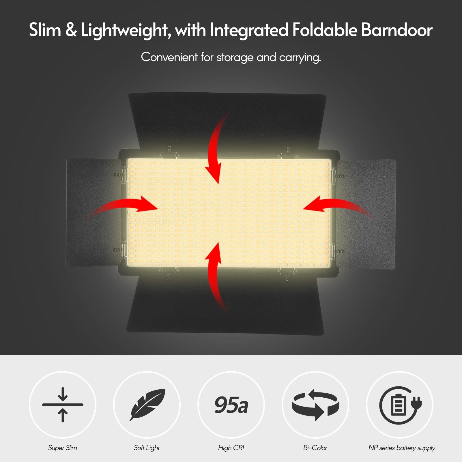 LED Video Light Professional Photography Light Panel 480PCS Bright Light Beads BiColor Temperature 3200-5600K Dimmable Brightness with Barn