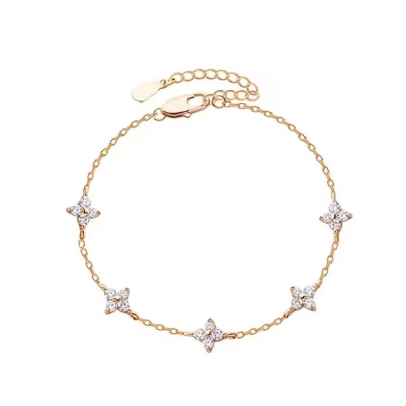 High Quality Crystal Four Leaf Flower Bracelet for Women Clasic Trendy Gold Color Stainless Steel Zircon Bangle Jewelry Gift