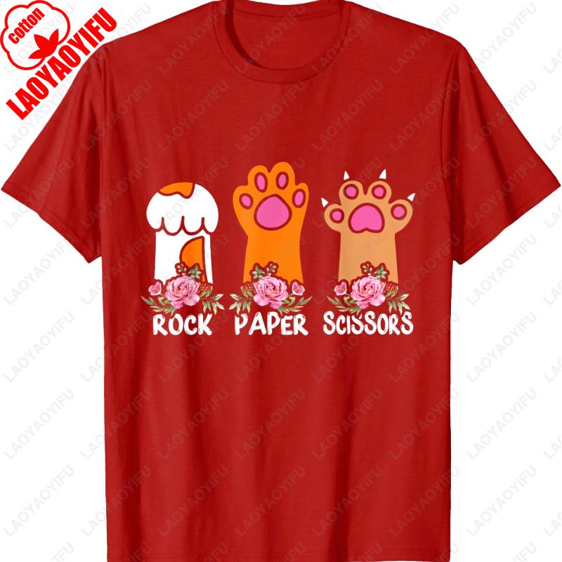 Rock Paper Scissors Hand Game Meme Animal Paw Flower Cat Men Women Cotton TShirt Trend Cute Meowy Oneck Printed Unisex Tops