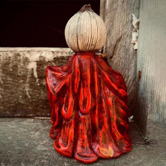 Halloween Pumpkin Statue Spooky Ghost Pumpkin Holding Skull Figurine Resin Gothic Decoration for Indoor Outdoor Home Tabletop Garden Decor