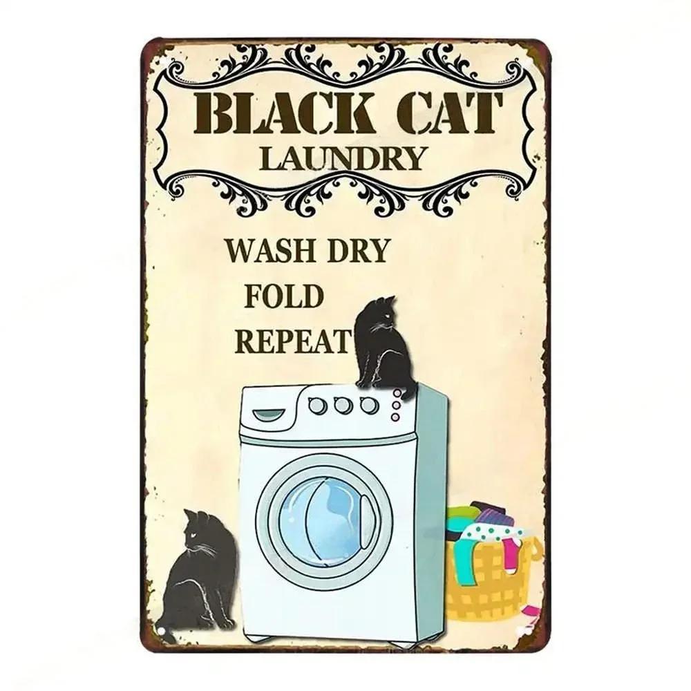 Vintage Fun Laundry Room Metal Tin Sign Plaque Black Cat Posters Decorative Plates For Home Laundry Room Bathroom Wall Decor