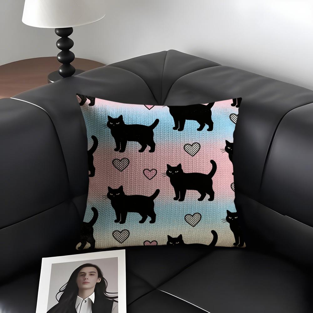 Black Cat Cushion Cover Natural Linen Organic Fabric Double-Sided Printing Sofa Home Decor Gift Pillow Case