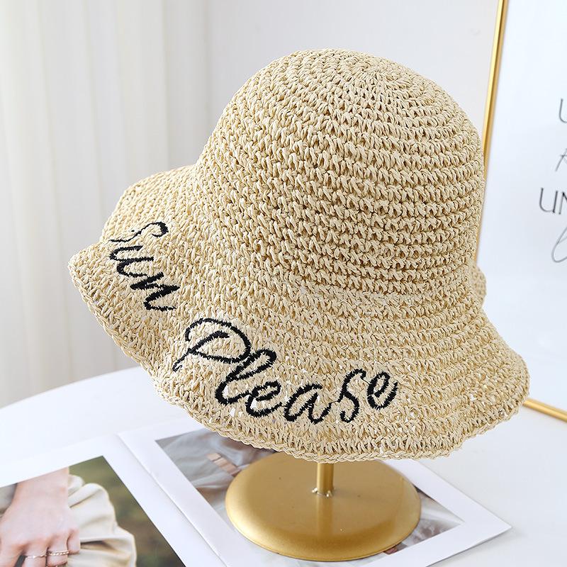 

Новая женская шляпа из соломы с надписью, весенне-летняя ажурная дышащая шляпа-ведро, пляжная шляпа от солнца для отпуска Adjustable бежевый