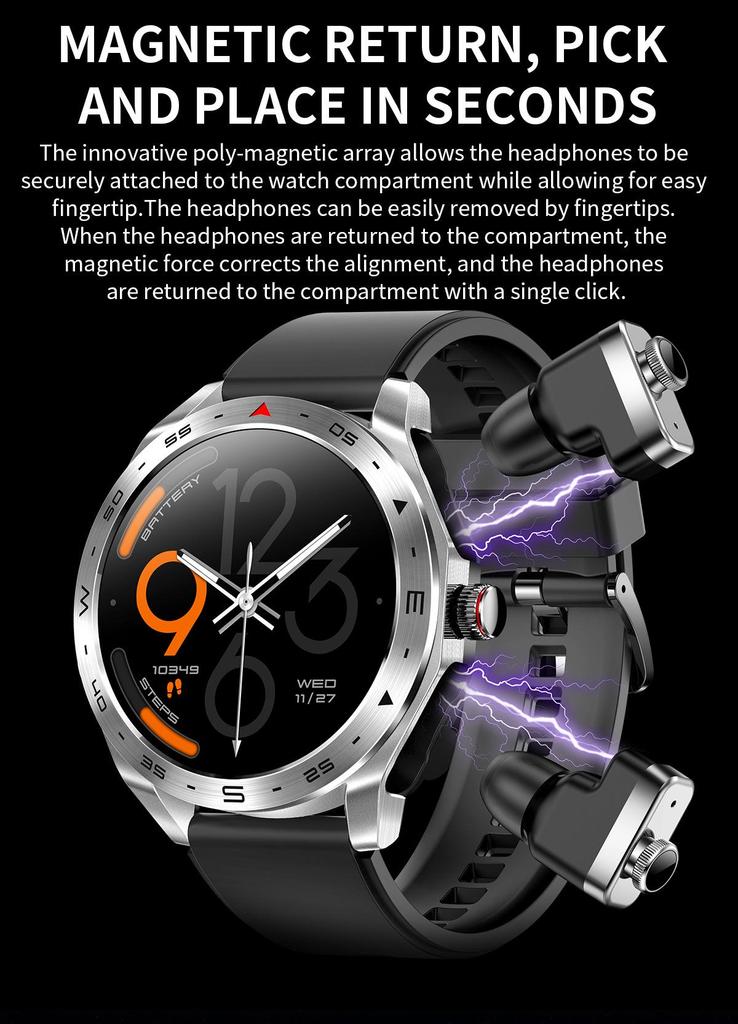 Smartwatch with TWS Bluetooth Earbuds, 1.52'' IPS Screen, Wake-Up Feature, Dual Call, AI Voice T95