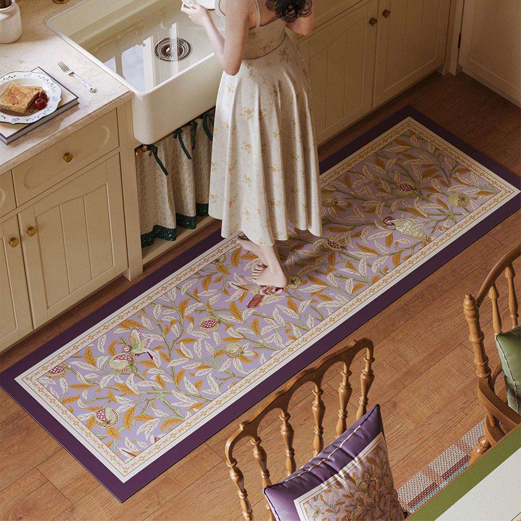 Kitchen Floor Mat Non-Slip Waterproof Oil-Proof Carpet Retro Bird Plant Pattern Pvc Rug Long Strip Home Decoration Mats