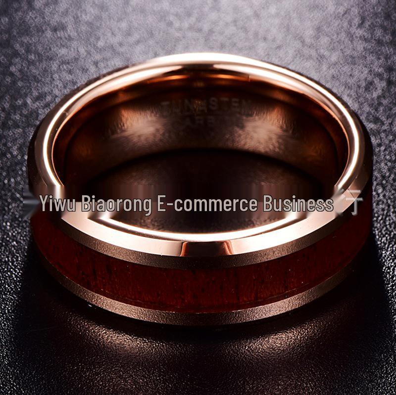 Gold-Plated Tungsten Steel Ring with Wood Inlay, 8MM Wide, Men's Sizes 6-15