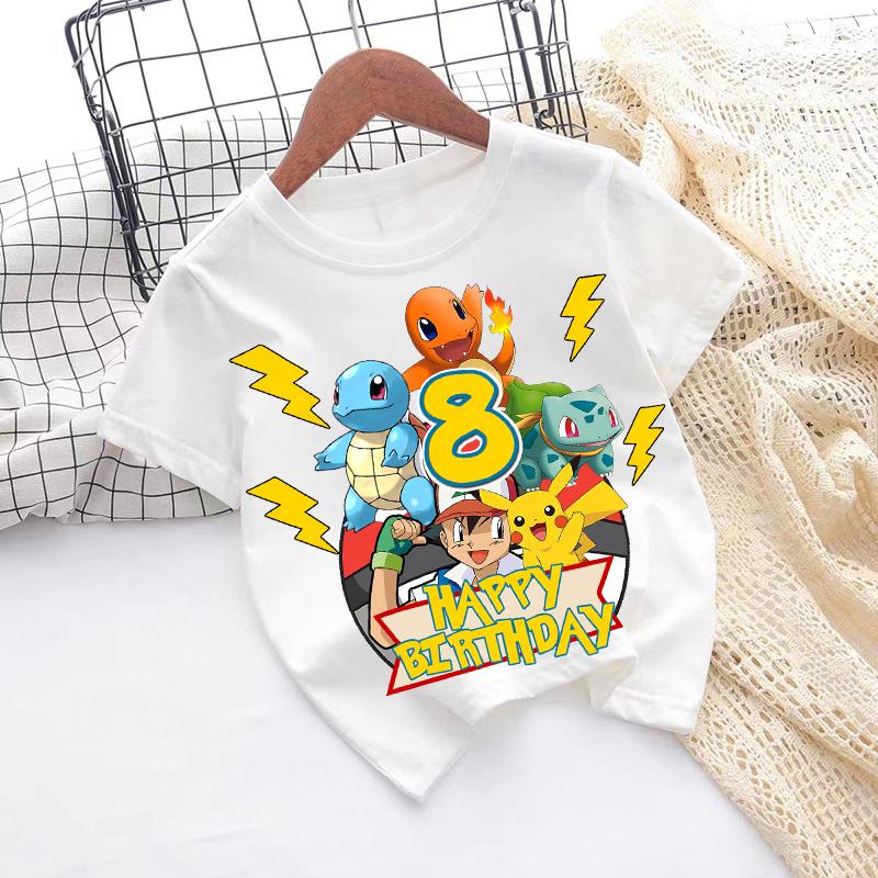 Koszulki z liczbą na urodziny dla dzieci Pokemon Anime Pikachu Chłopcy Dziewczynki T-shirt Krótki rękaw Nadruk Dziecięce Góry Letnie Ubranka dla niemowląt
