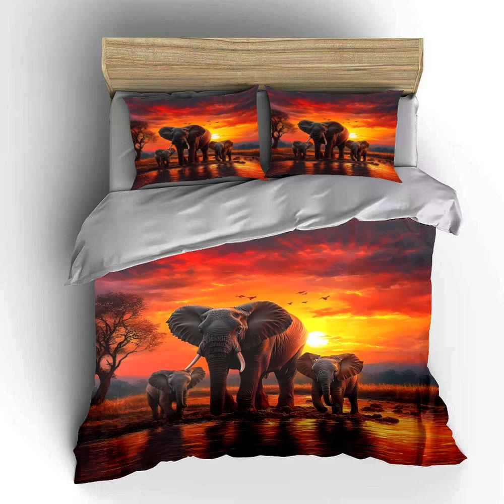 3Pcs African Scenery Elephant Herd At Sunset Print Bedding Set 1 Duvet Cover 2 Pillowcases For Adult And Children Luxury Gift
