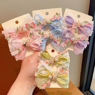 Girl Hair Pin Thin Organza Lace Embroidery Flower Lace Imitation Pearls Decor Hair Clip Spring Forest Style Hairpin