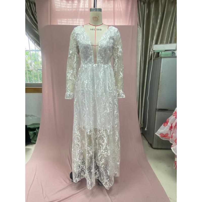 Women White Floral Lace Long Sleeve Deep V Neck Backless Sheer Tulle A Line Summer Wedding Gown Elegant Bridal Evening Prom Formal Party Maxi Dress