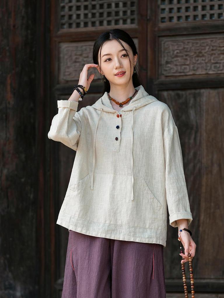 Artistic Retro Women's Long-Sleeved Hooded Linen Pullover Sweatshirt - Loose Casual Washed Cotton Top