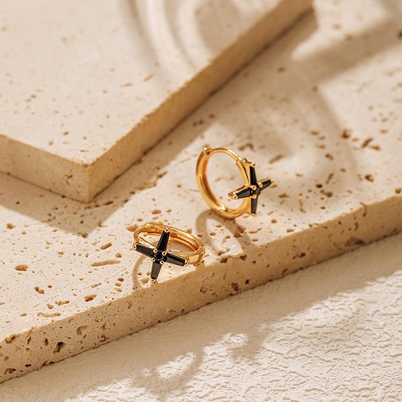 Minimalist Ins Style Delicate Zircon Inlaid Cross Hoop Earrings чёрный