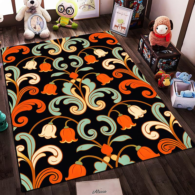 Vintage Floral Pattern Carpet with Orange Bell Flowers on Black Base Suitable for use as an anti-slip for living room bedroom sofas