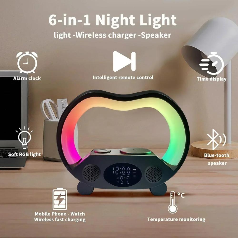 

6 IN 1 Multifunction Wireless Charger Night Light and Clock Best Birthday Gift чорний