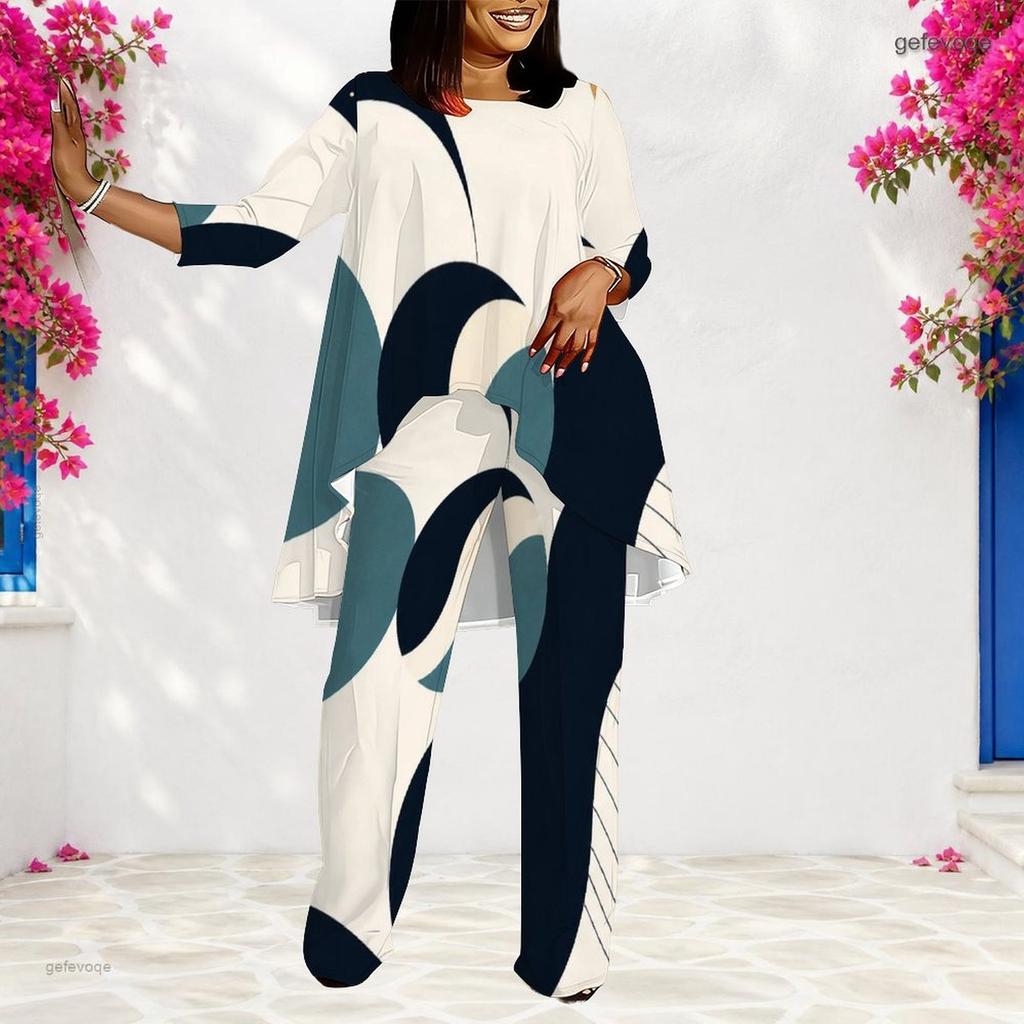 Women Plus Size Round Neck Long Sleeve Floral Printed Black White Loose Top And Long Pants Two Piece Set