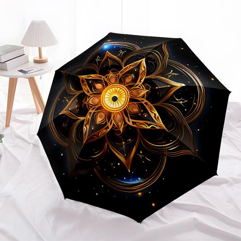 1pc Golden Mandala Auto-Fold Umbrella with One-Touch Open/Close - 8 Reinforced Ribs for Windproof Stability,  Yy251118136