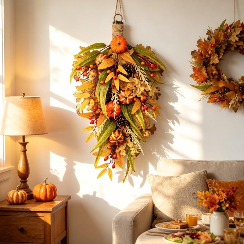 Halloween Wreath for Entry Door, Fall Seasonal Wreath with Display Loop for Entryway Wall or Porch, Elongated Wreath, Approx 27.6 Inch